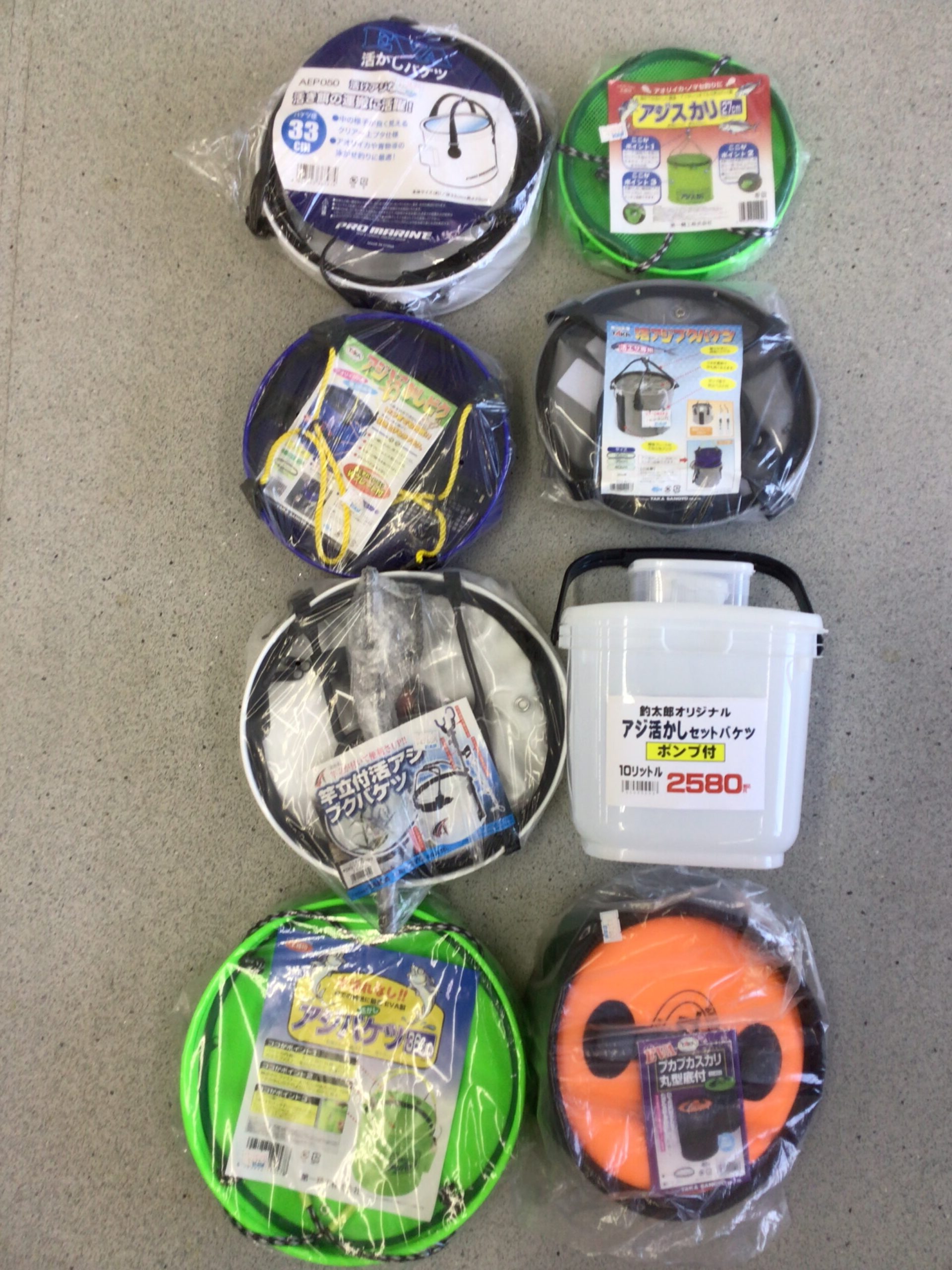 アオリイカ釣り用品紹介。アジバケツ、スカリ、イケス。多種ご用意しています。釣太郎