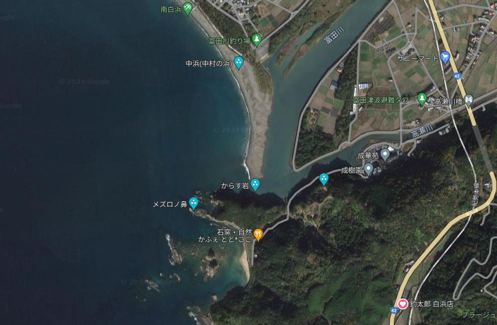 白浜町メズロの鼻はアオリイカ３キロオーバーが上がった場所として知られたポイント。釣太郎