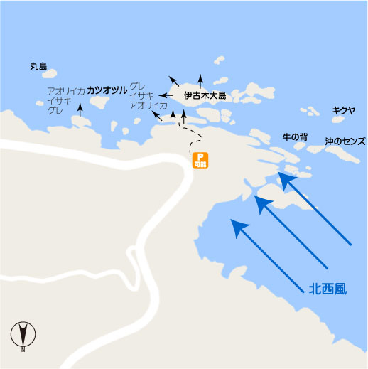 北西風に強い和歌山県白浜町日置　伊古木（いこぎ）の磯釣り場地図。釣太郎