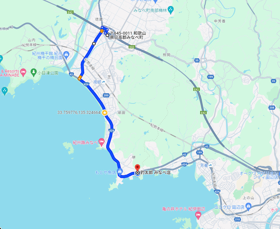 高速道路、南部ICから釣太郎みなべ店への車での生き方紹介ナビ。