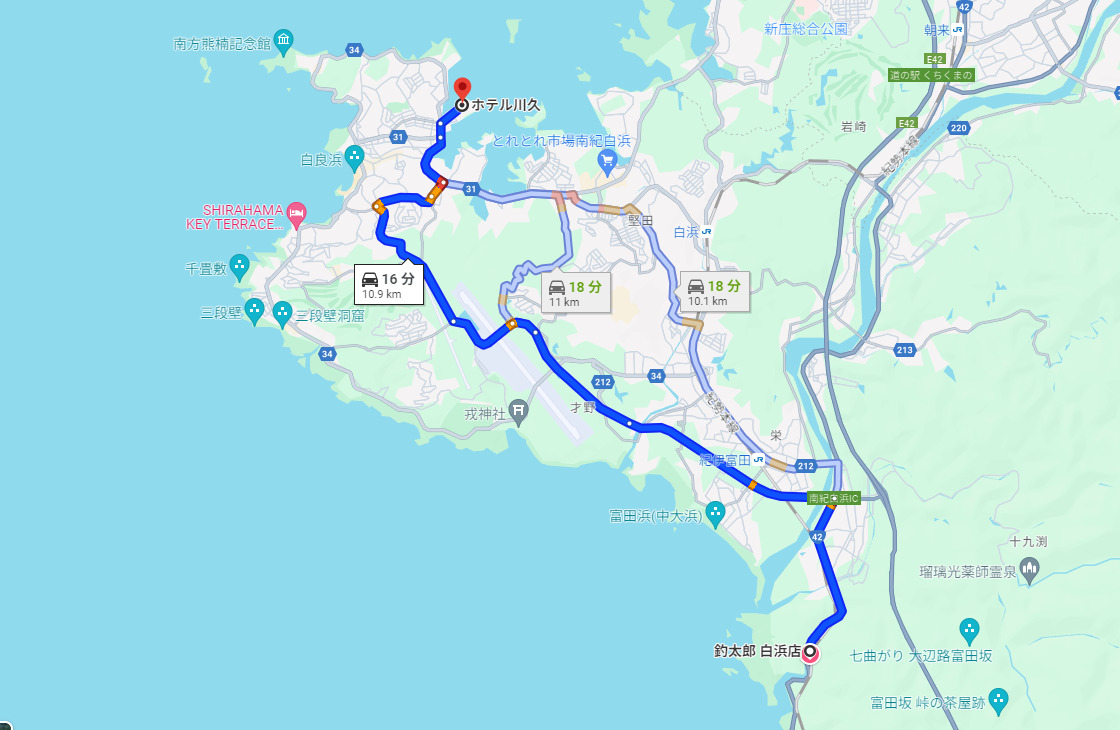 釣太郎白浜店から、ホテル川久さん裏御依願綱不知（つなしらず）釣り場までの道順ナビ