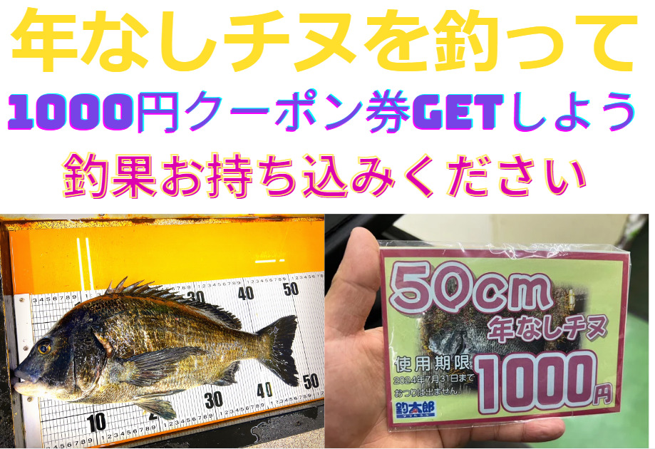 50センチを超える年なしチヌを釣って、1000円クーポン券を手に入れよう。お待ちしています。釣太郎