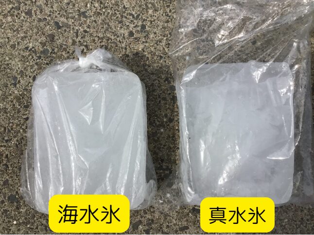 通常の氷と海水氷。共に約1㌔で180円。魚は冷やしましょう。釣太郎