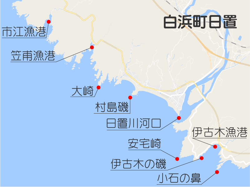 南紀白浜釣場紹介地図。釣太郎
