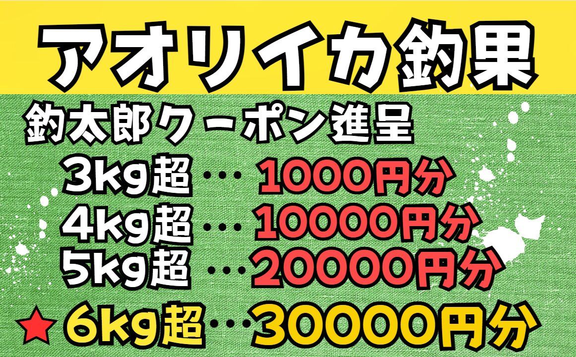 アオリイカ釣果持ち込み3，4，5，６㌔、それぞれクーポン券最大３万円分ご用意しています。釣太郎