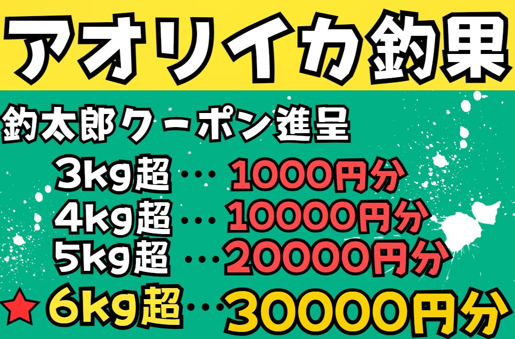 アオリイカ持ち込み釣果３㌔千円、４㌔１万円、５㌔２万円、６㌔３万円クーポン差し上げます。釣太郎