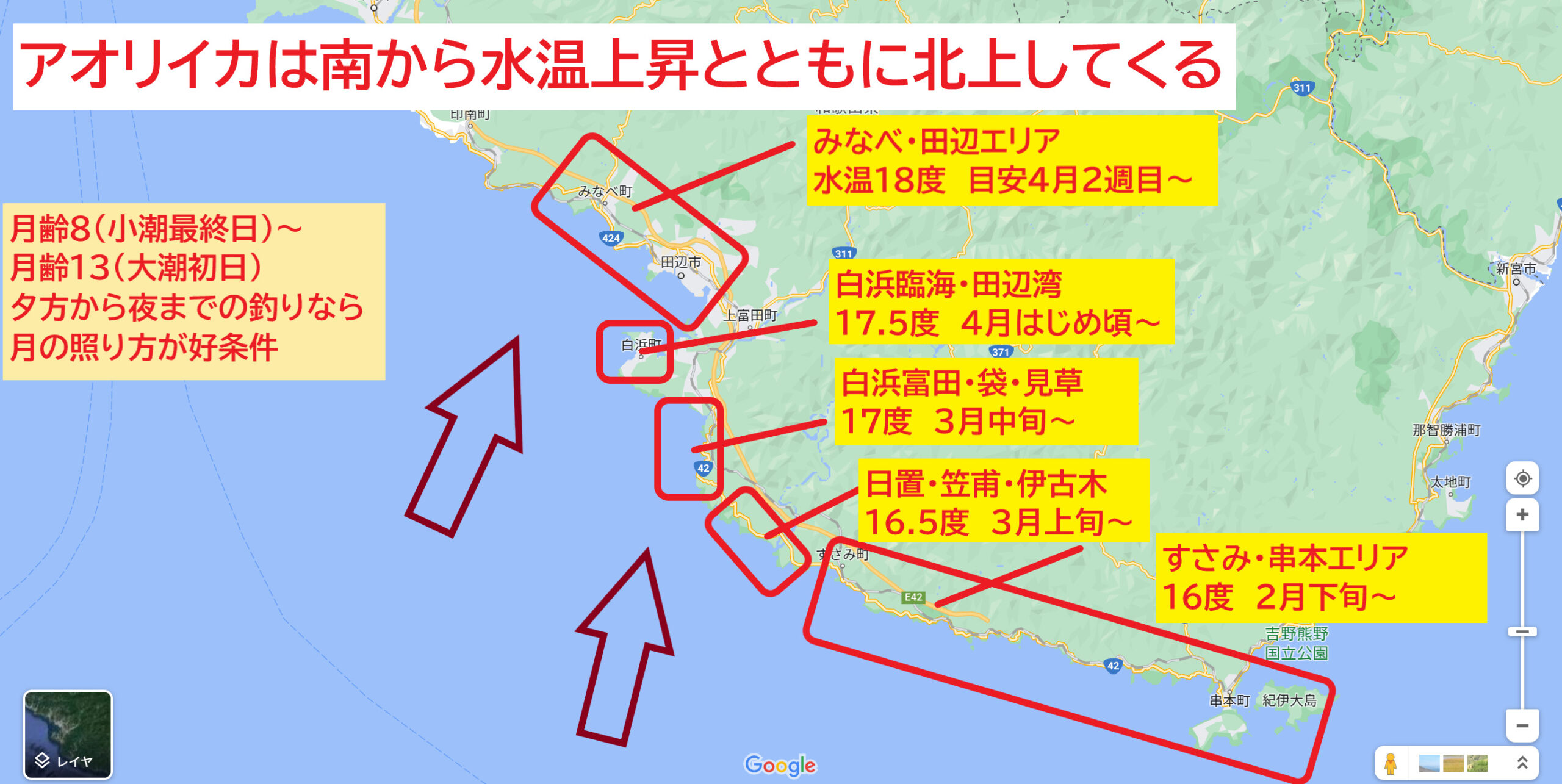 活性が高いのは海水温度１７度くらいから何なので、冬場なら串本方面の南側からベター。釣太郎