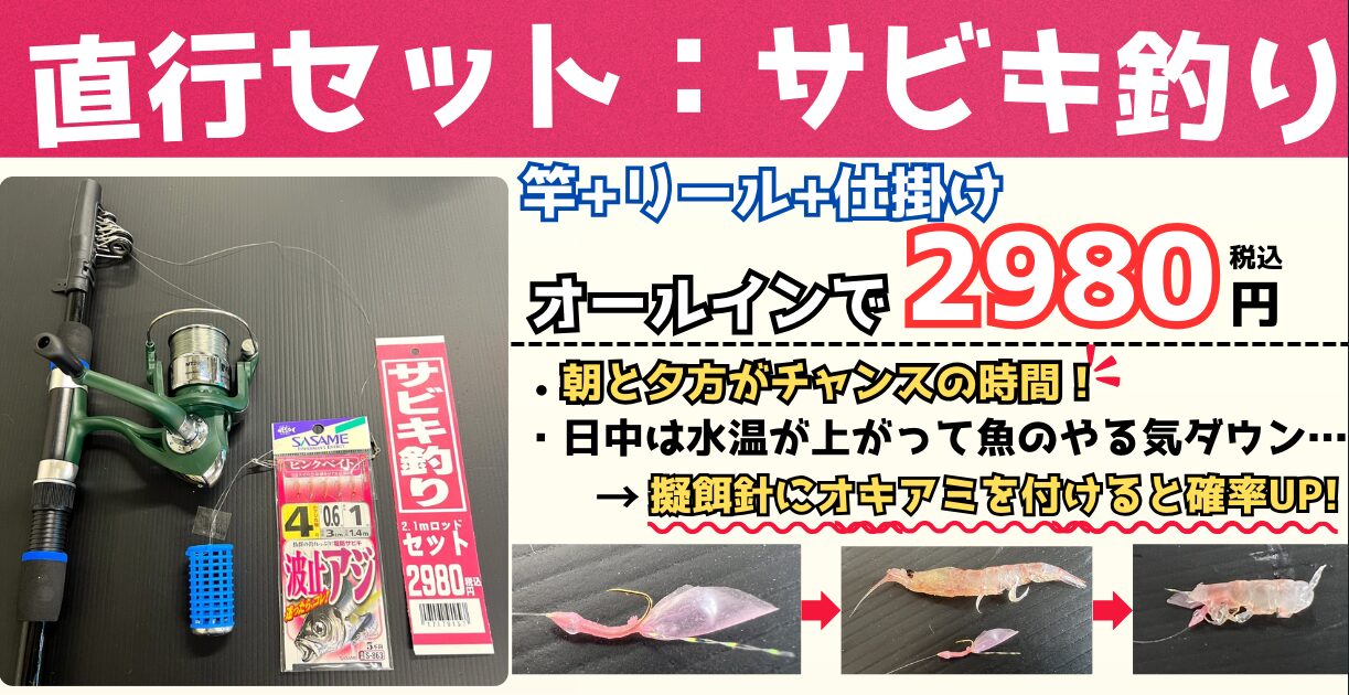 釣場直行セットは竿とリールと仕掛けがフルセットなので、手間いらずで魚釣りに不慣れな子供でも大丈夫。サビキ釣りセットは2980円。