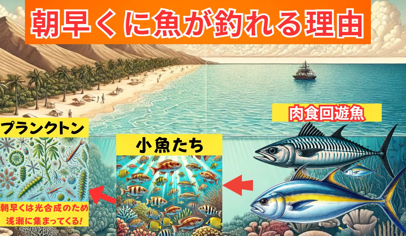 夜明け時を朝マズメといいますが、この時間帯に魚が釣れることが多い理由説明。釣太郎