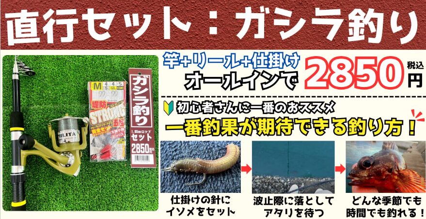 ガシラ（カサゴ）釣り竿＆リール＆仕掛けセットが２８５０円。手ぶらでも魚釣りして遊べます。釣太郎