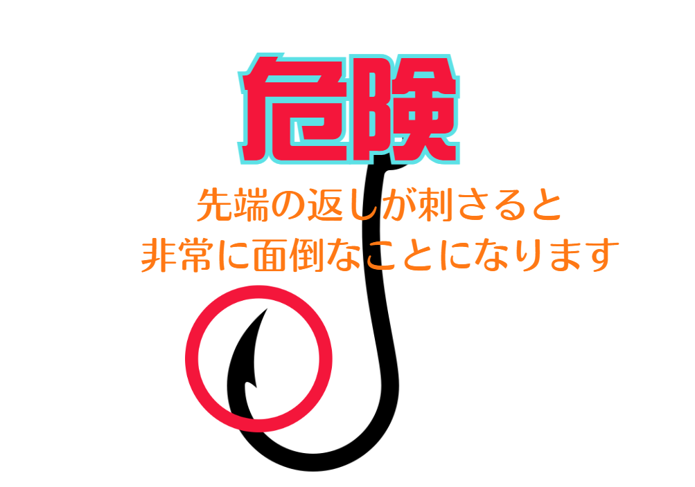 釣針先端は鋭く、非常に危険。特に返しが付いているので、肉体に刺さるととても厄介。釣太郎