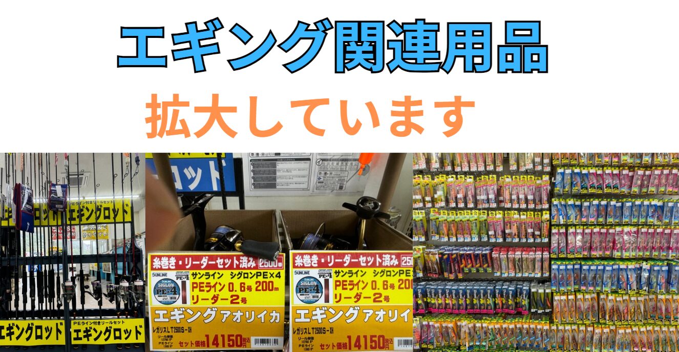 アオリイカ爆釣で、エギング関連用品拡充しています。釣太郎