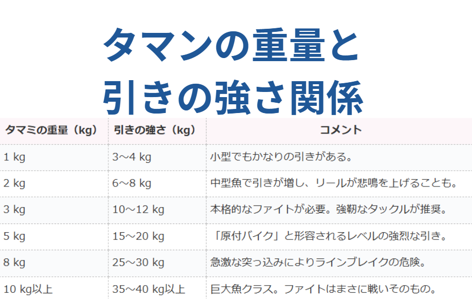 タマミ（タマン、ハマフエフキ）。重量1キロ単位で、最大瞬間重量（引きの強さ）を一覧表に。釣太郎