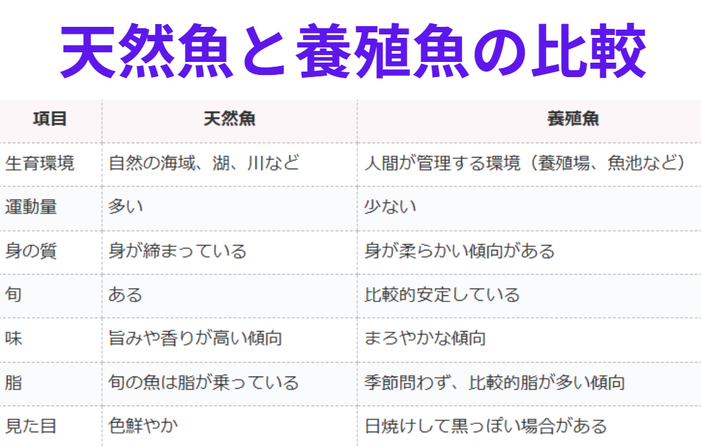 天然魚と養殖魚の比較表。何が違うのか？釣太郎