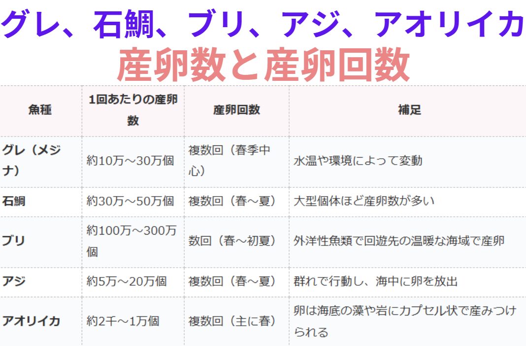 グレ（メジナ）、石鯛、ブリ、アジ、アオリイカの産卵回数一覧表。釣太郎