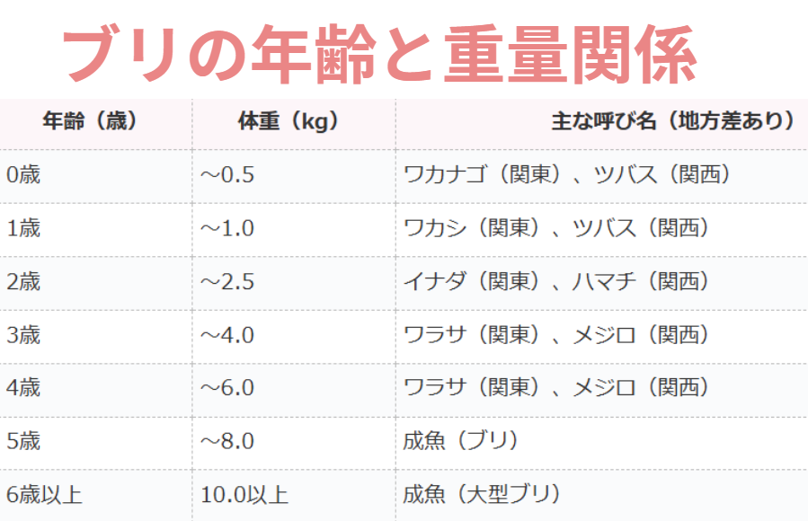 ブリの成長速度と年数を、1キロ単位で一覧表にしました。釣太郎