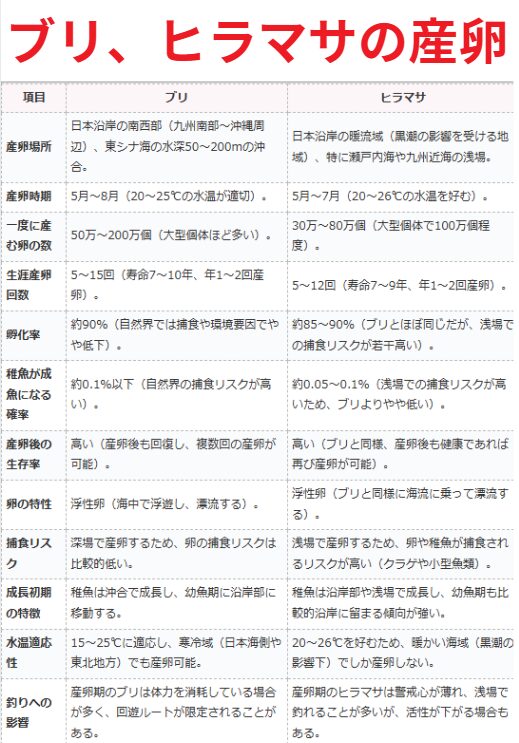ブリとヒラマサの産卵の違い一覧表。青物魚釣り入門。釣太郎
