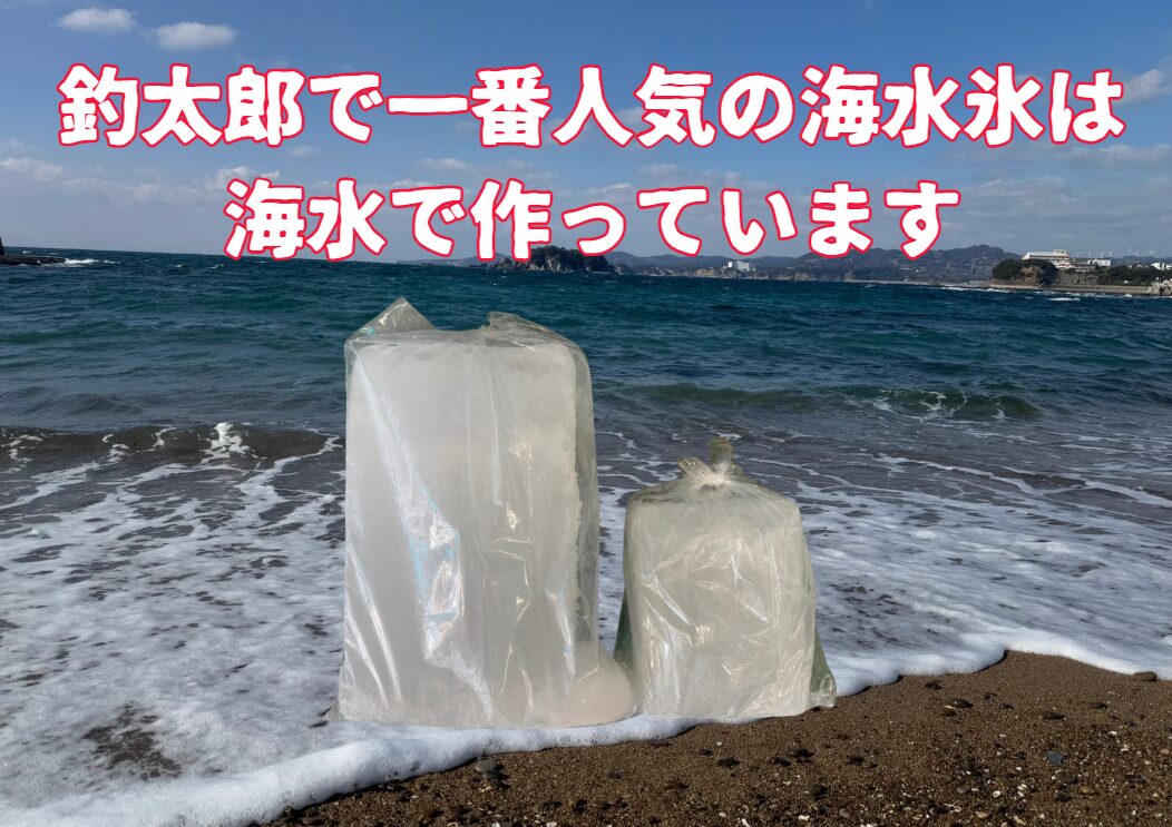 釣太郎で売れるブロック氷の９割は海水氷。これは海水を凍らせたものなので、魚にも優しい。釣太郎