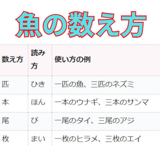 基本的な魚の数え方。匹、本、尾、枚の使い方説明。釣太郎