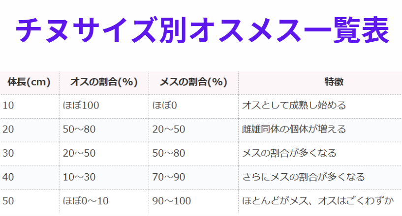 チヌは性転換するので、サイズごとに雌雄割合の一覧表。釣太郎