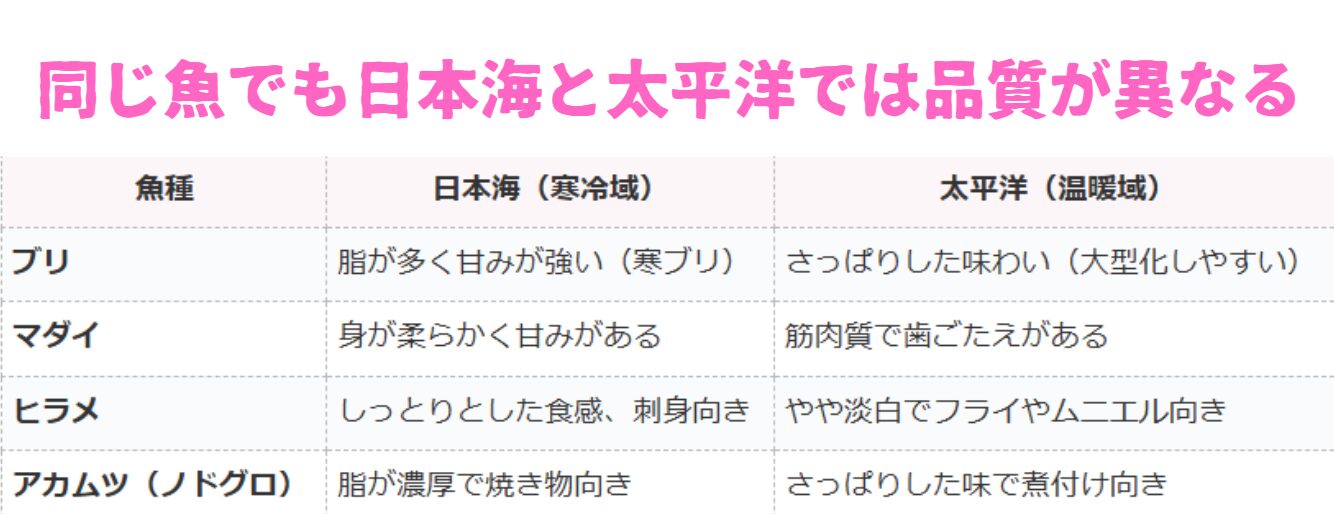 同じ魚種でも、太平洋と日本海では、品質が大きく変わる。釣太郎