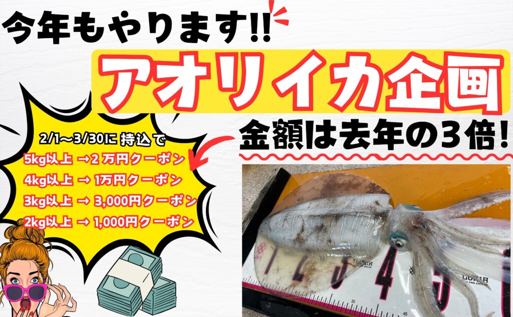アオリイカお持ち込みください。クーポン券差し上げます。釣太郎。