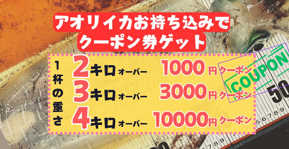 アオリイカ釣ったらお持ち込みください。クーポン券大量にご用意し、お待ちしています。釣太郎