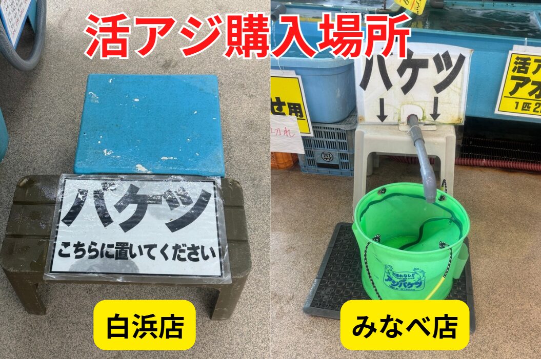 活アジ購入は、所定場所にバケツのふたを開けてお待ちください。ブクブクのスイッチはご自身でお願いします。釣太郎