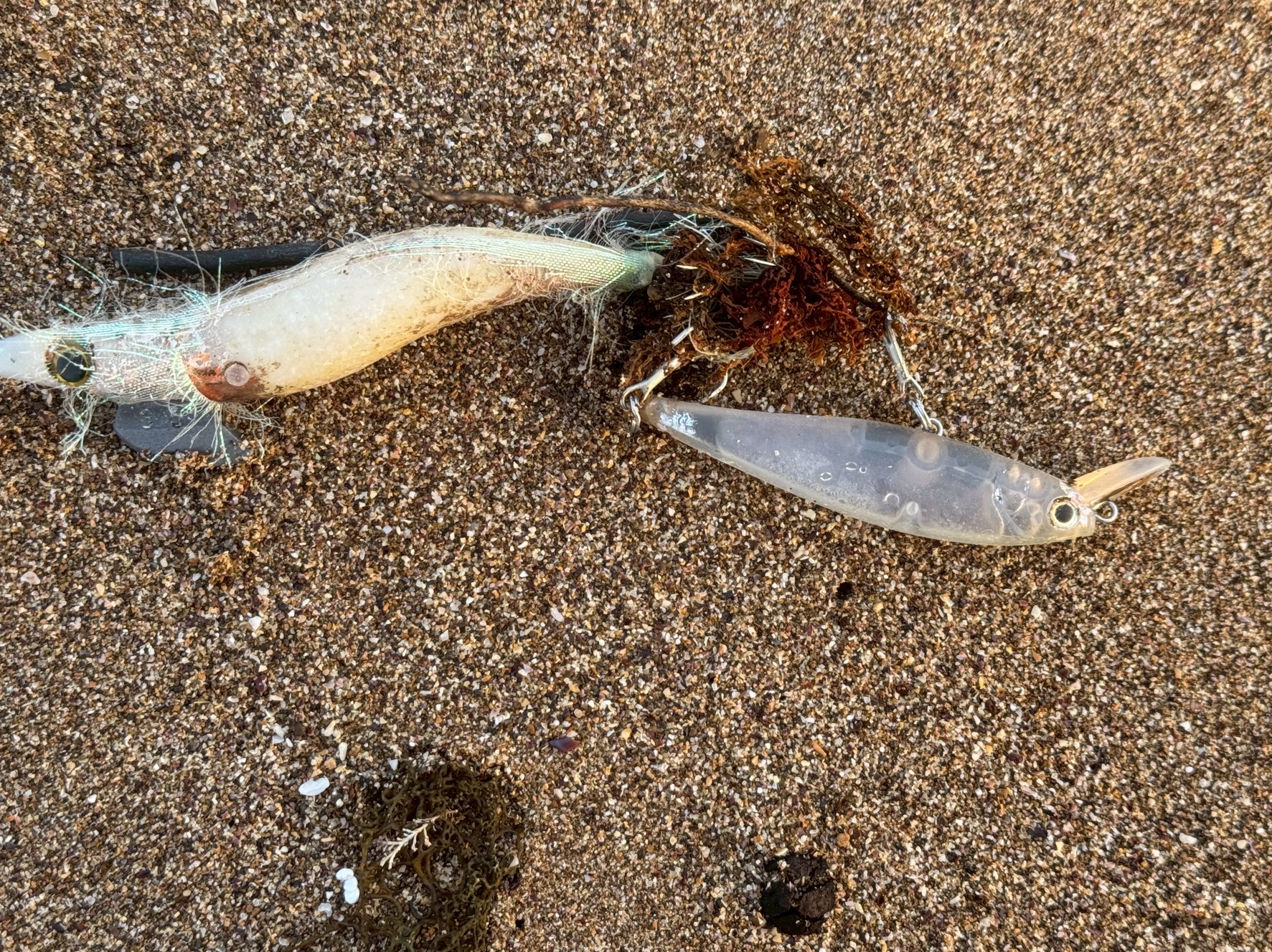 【砂浜に打ち上げられたエギとルアー】 ～釣り人たちの忘れ物が、静かに語る休日の余韻～。釣太郎