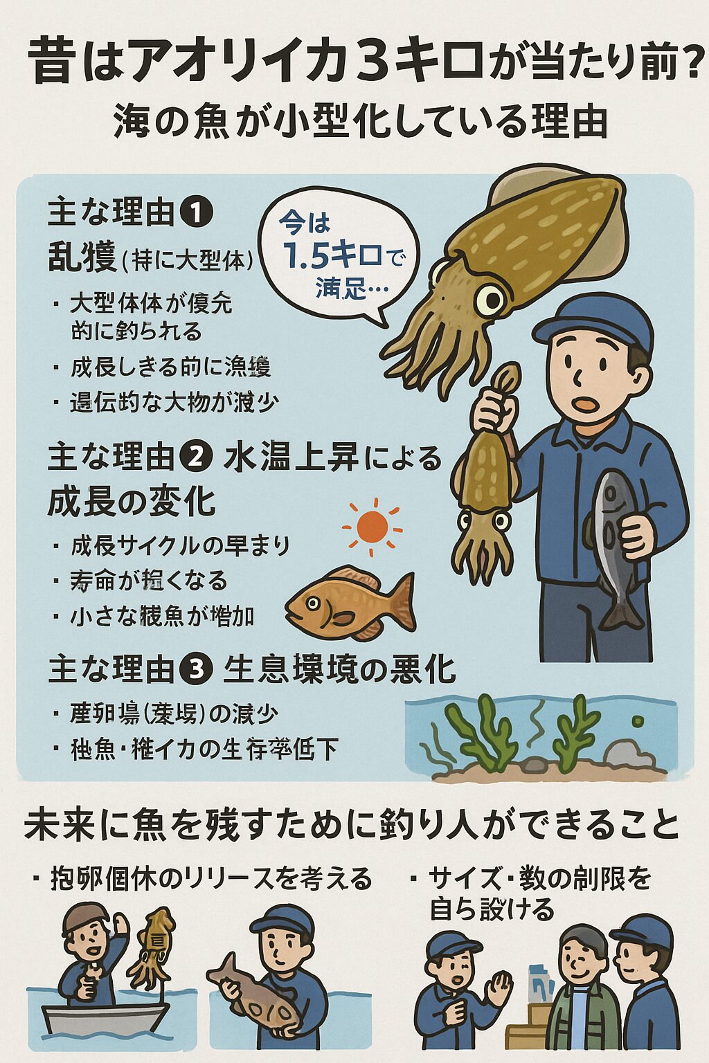 昔はアオリイカ３キロは多かった。海の魚が小型化している理由。釣太郎