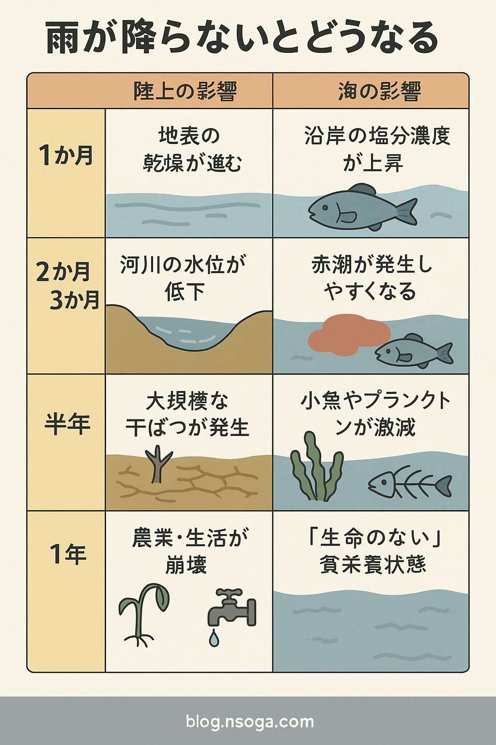 雨が降らないとどうなる？1か月・2か月・3か月・半年・1年の変化をシミュレーション！釣太郎