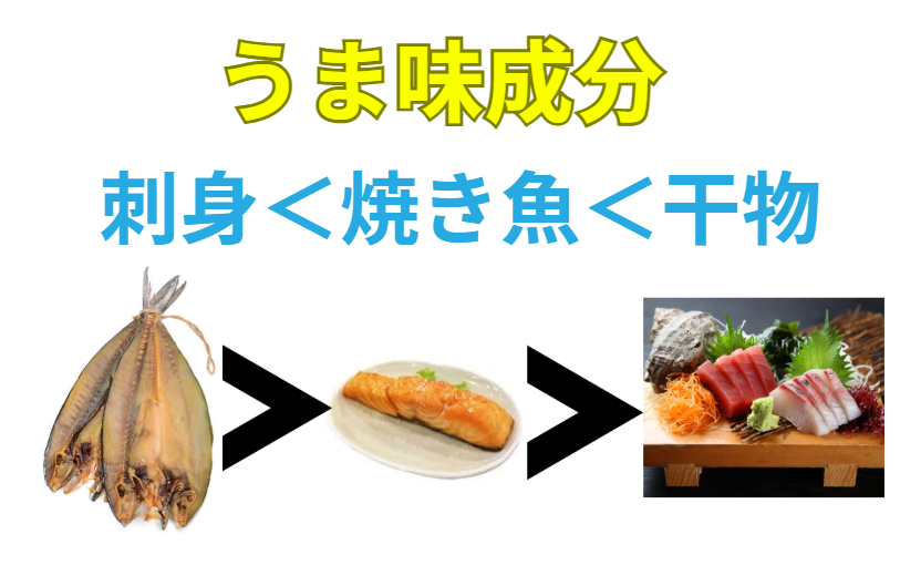 うま味成分は干物のほうが強く、次に焼き魚、最後が刺身。価格と反比例しているのが特徴。釣太郎