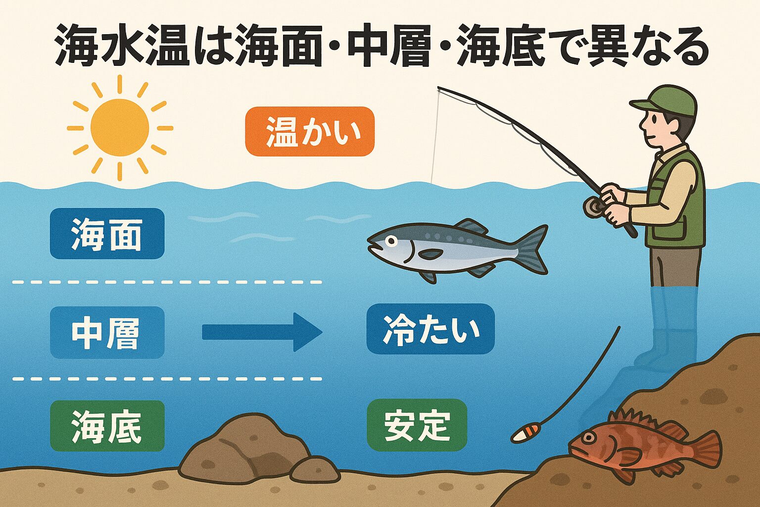 「水温」と一言で言っても、海面、中層、海底では大きく異なる。釣太郎