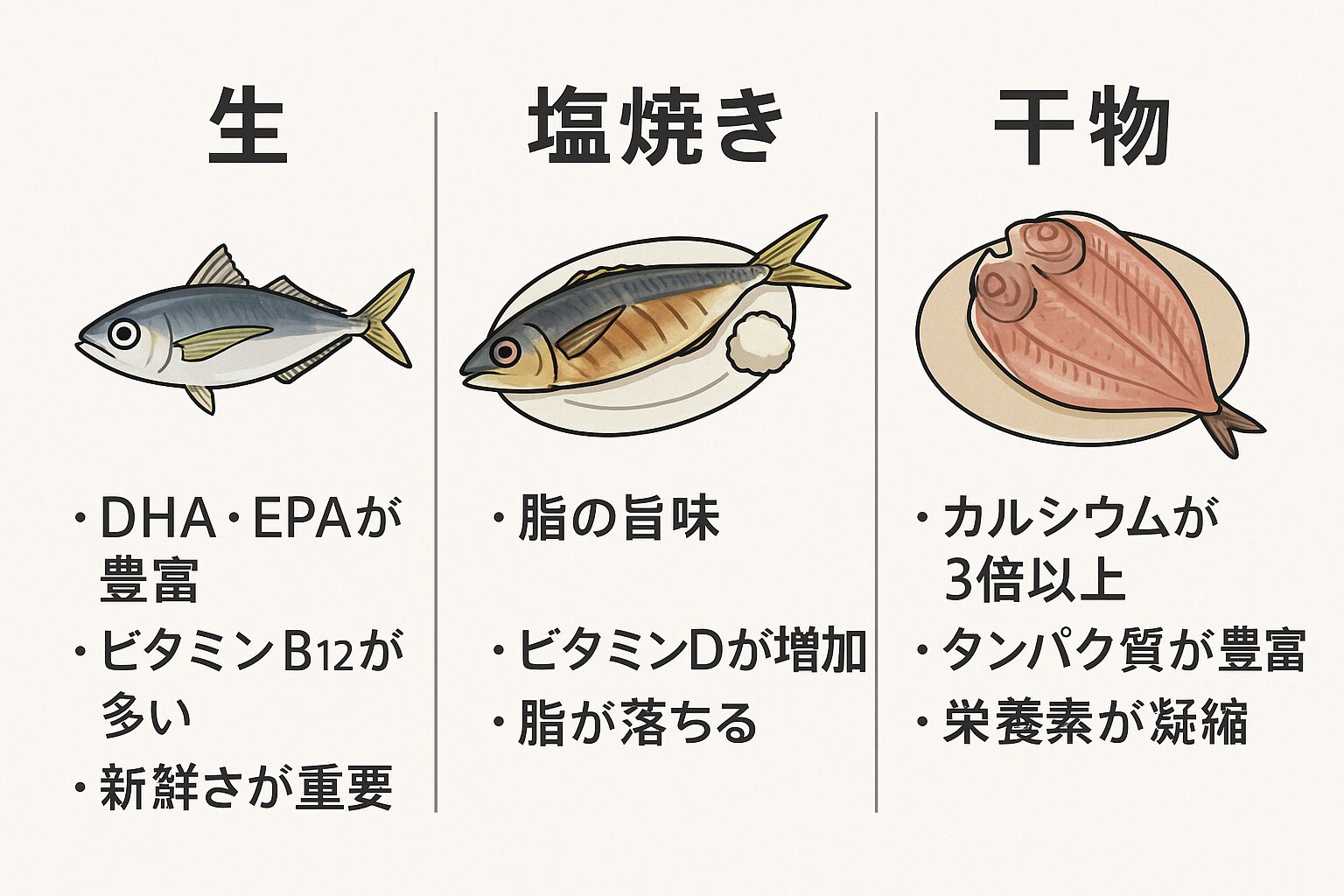 アジは刺身、塩焼き、干物、どれで食べるかで栄養価は違う。これは魚全般同様。釣太郎