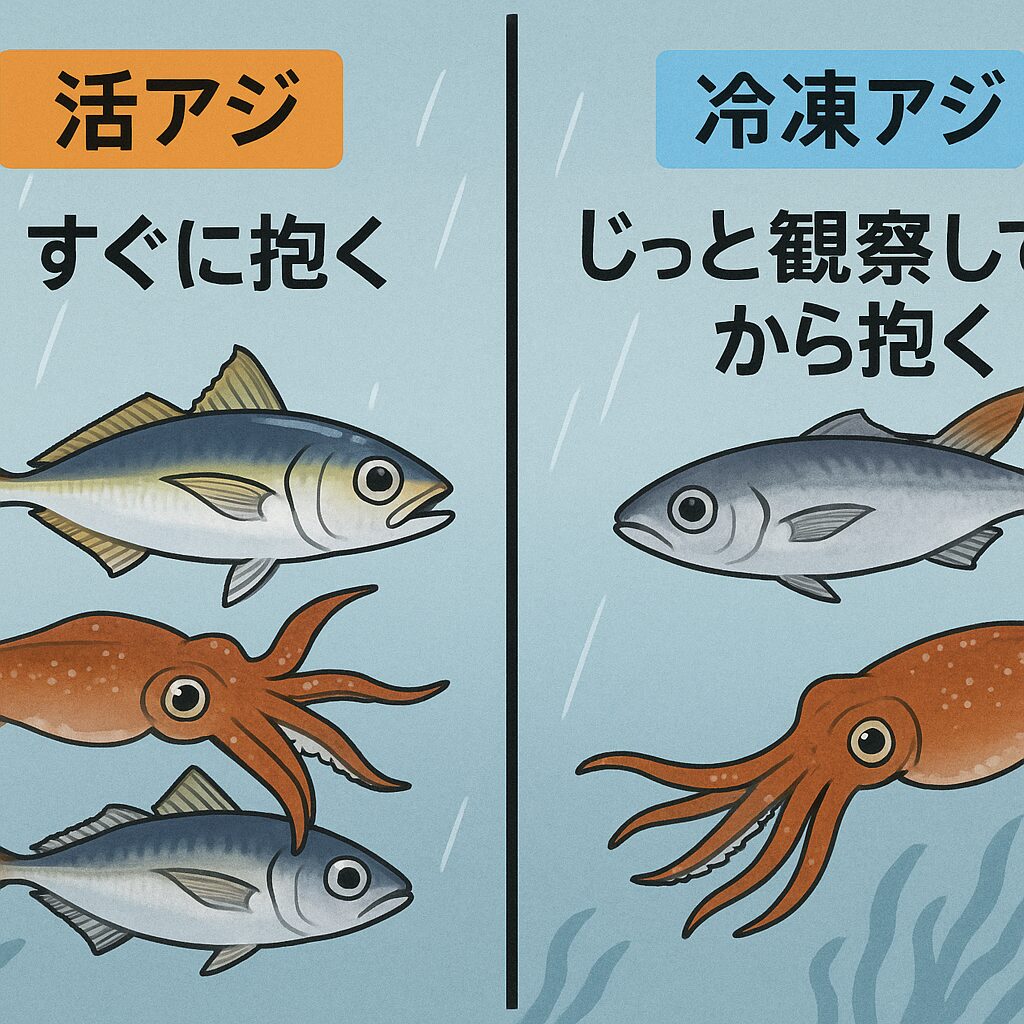 アオリイカの反応、活アジと冷凍アジはどう違う?釣太郎