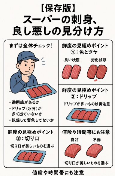 スーパーで売っている刺身パックの良し悪しに見分け方説明。釣太郎