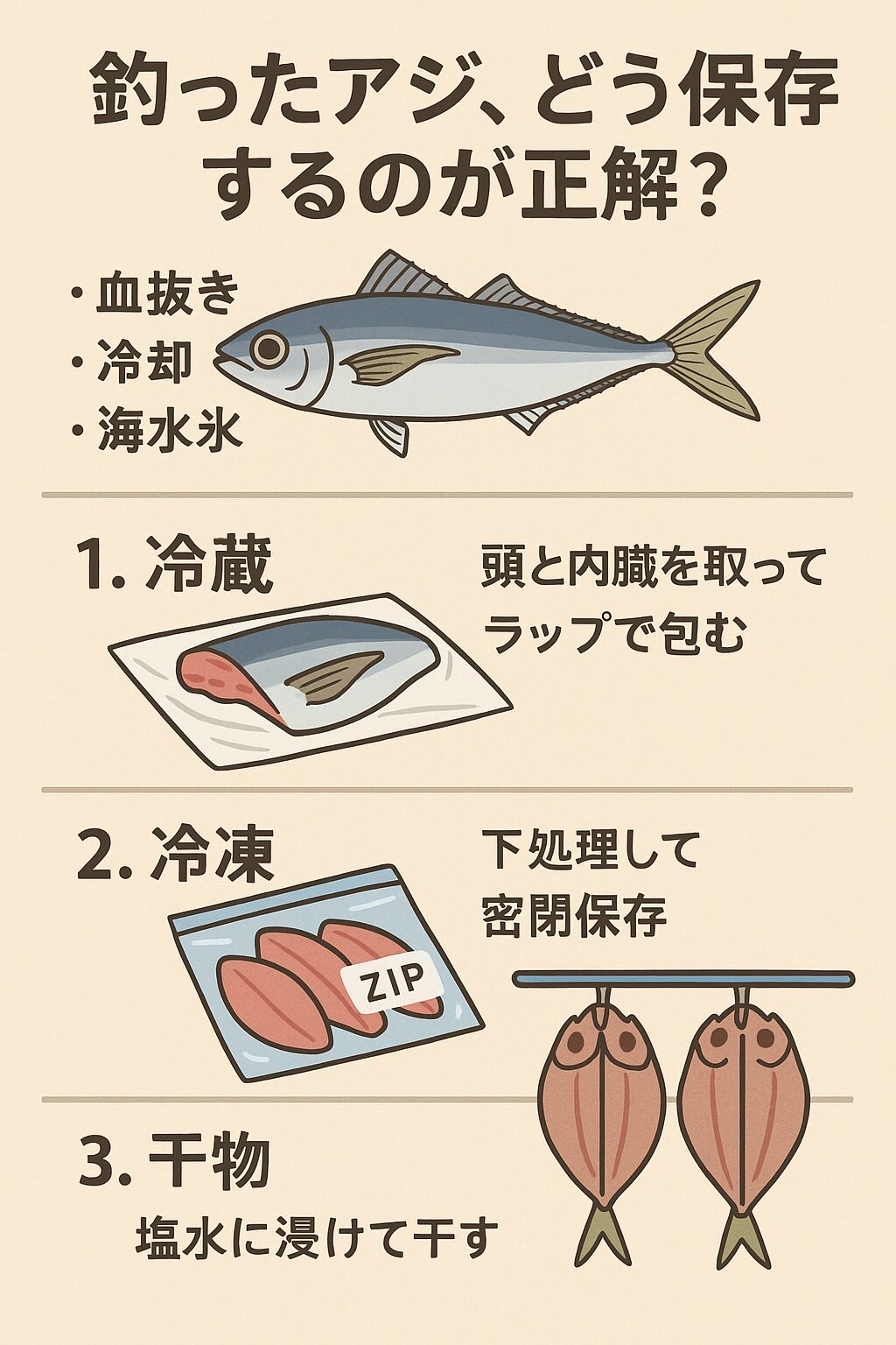 釣ったアジはどう保存すれば、美味しく食べれるかご説明。釣太郎