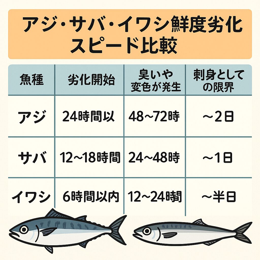 イワシ、サバ、アジの鮮度劣化一覧表。釣太郎