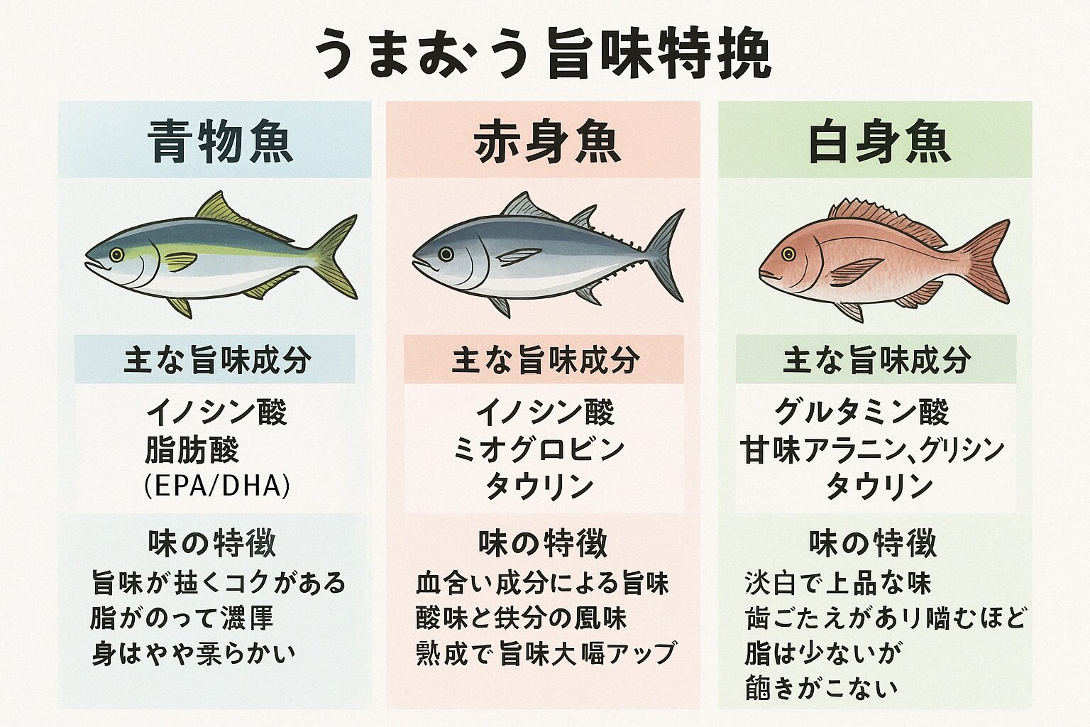 魚の青物・赤身・白身の旨味比較表。釣太郎
