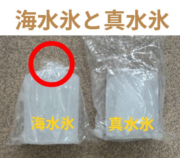 釣太郎には真水氷と海水氷の2種類がある。バーベキューやドリンクを冷やすなら真水氷。魚の冷却なら海水氷。