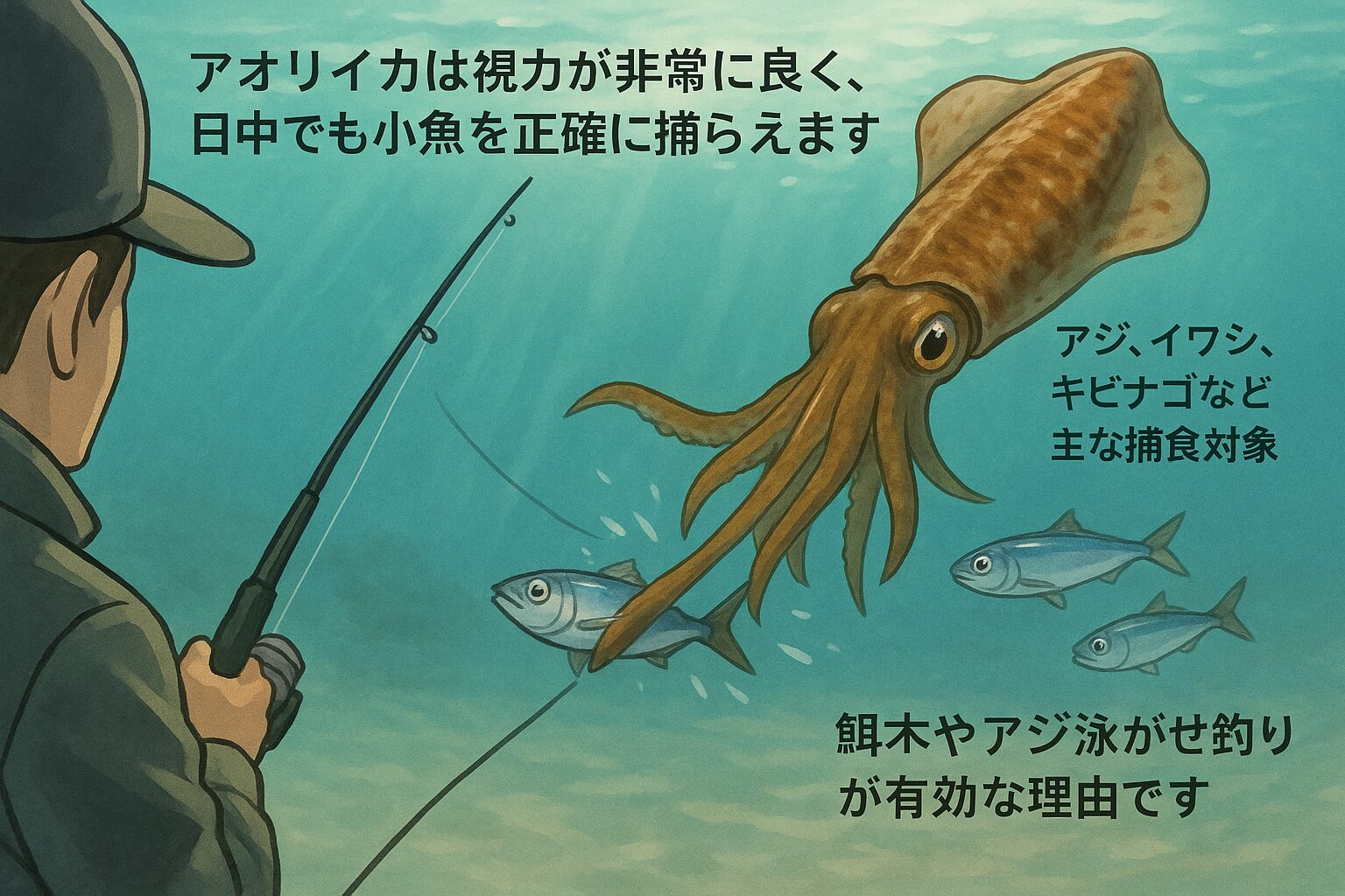 アオリイカは、主に小さな魚を日常的に捕食しています。釣太郎