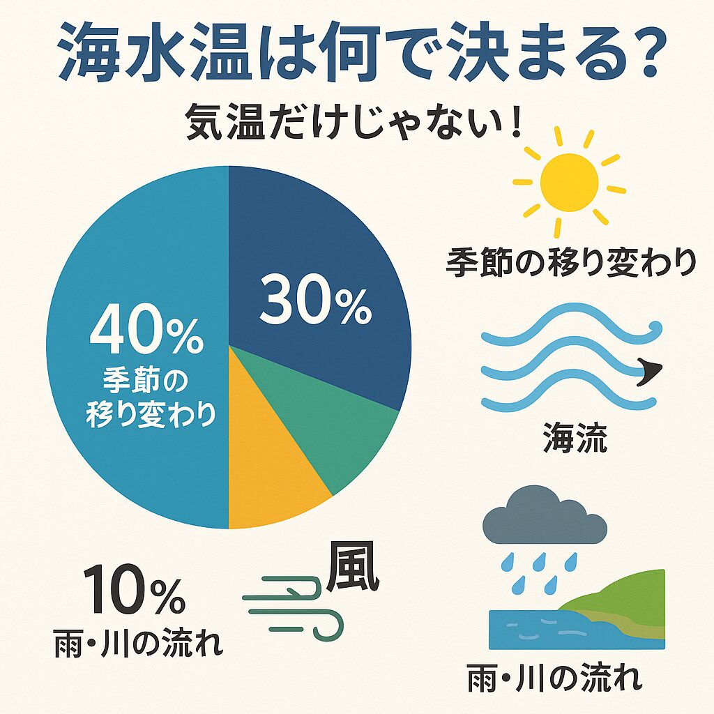 海水温の主な決定要因は、太陽の光40%、海流30%、風の撹拌20%、雨・淡水流入10%、 気温だけを見ても、釣果の予測はできない。釣太郎
