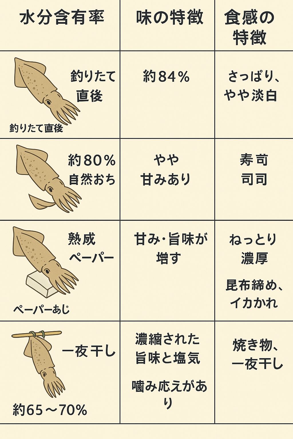 アオリイカ水分含有量。含水量（釣りたて）約80〜84％美味しさのピーク約75％前後水分を落とす方法熟成、昆布締め、一夜干し期待できる効果甘みUP、ねっとり感、旨味凝縮。釣太郎
