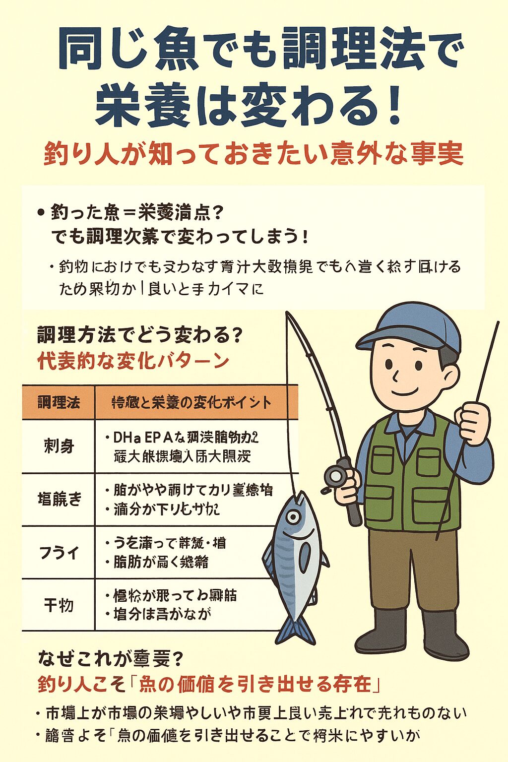 同じ魚でも調理方法により栄養分は変わるが、これはあまり知られていない。釣太郎