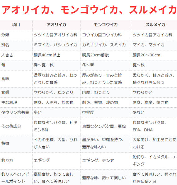 アオリイカ・モンゴウイカ・スルメイカの違いとは？成分・味・特徴を徹底比較！釣太郎
