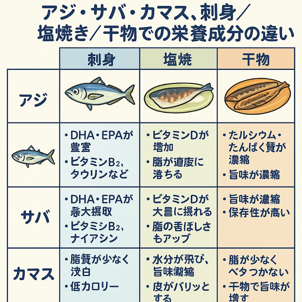 アジ・サバ・カマス、刺身・塩焼き・干物で栄養変化のご説明。釣太郎