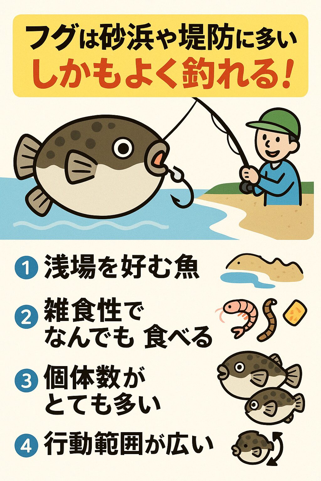 フグがよく釣れる理由説明。いつでも、どこれでも、誰でも釣れるのはなぜ？釣太郎