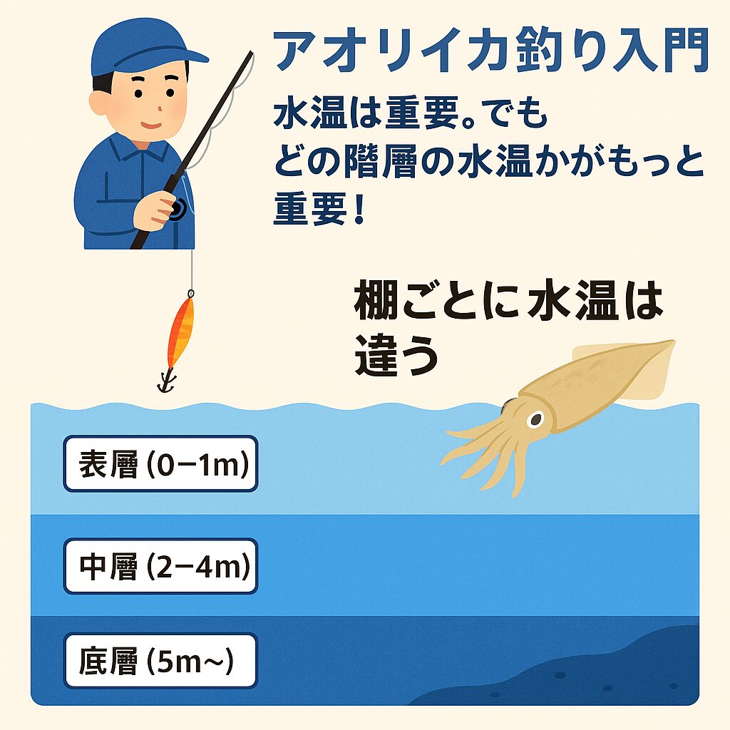 アオリイカ釣り入門。水温は重要だが、どの階層の水温かはより重要。棚ごとに水温は違う。これを初心者へ説明。釣太郎