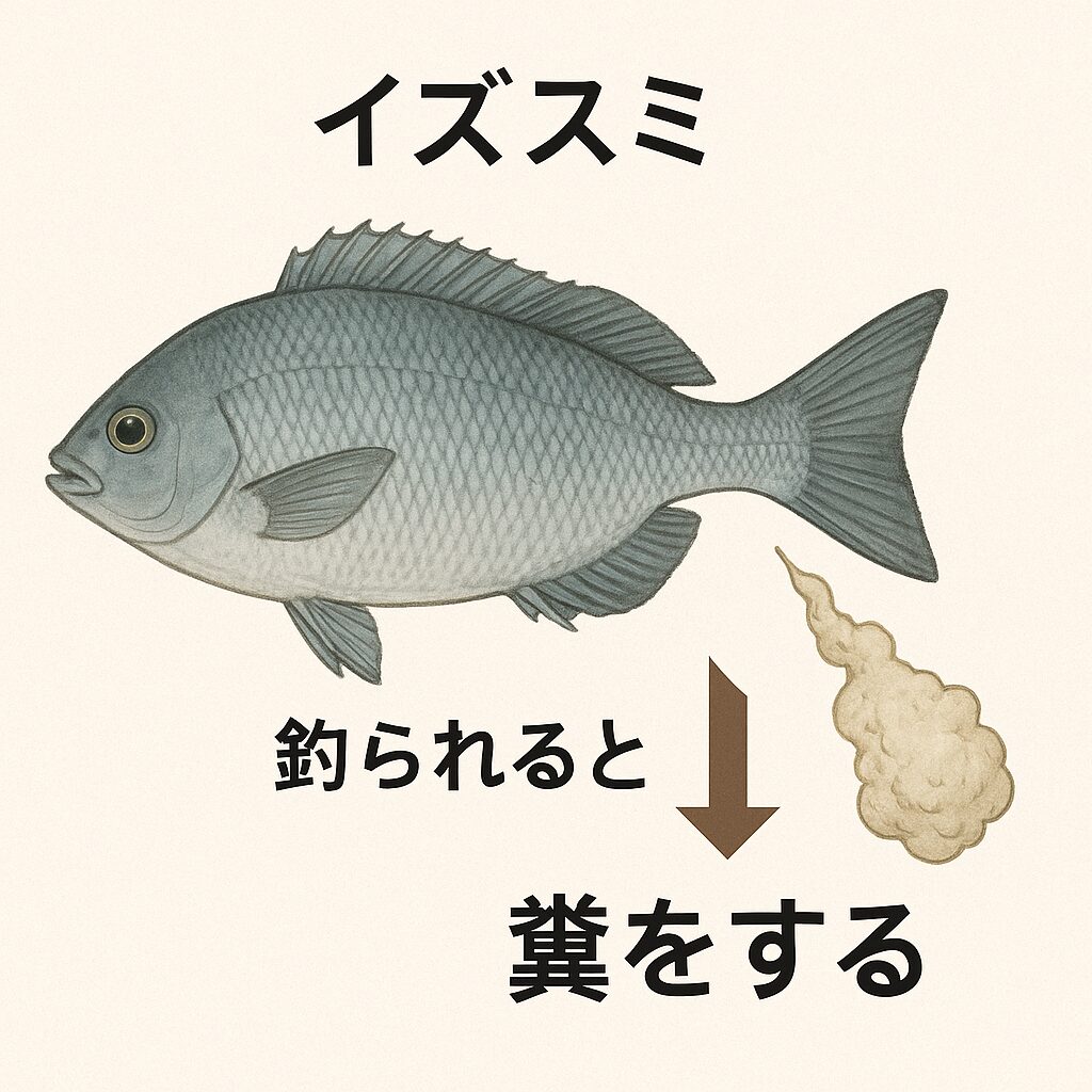 イズスミは釣ると糞をするので、「ババタレ」とも呼ばれる魚。釣太郎
