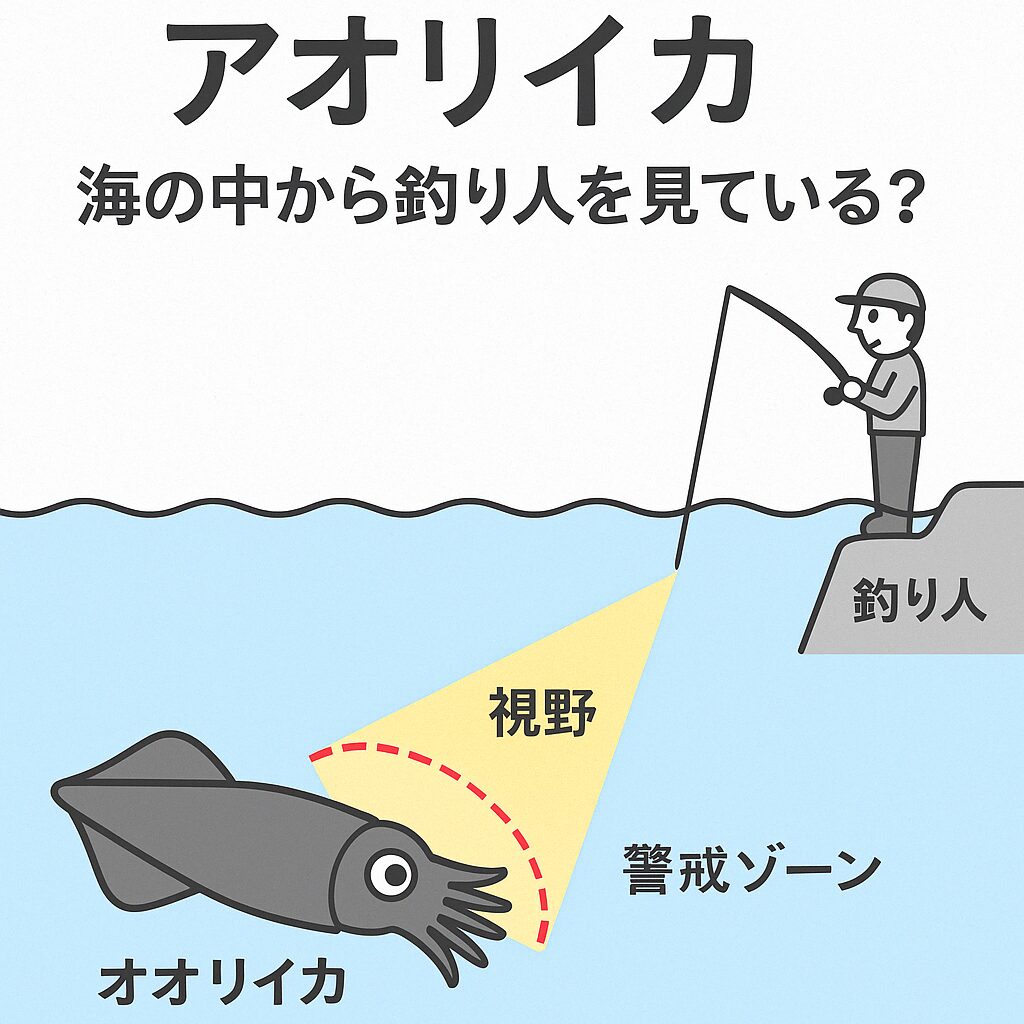 アオリイカは海の中から釣り人を見ている。釣太郎